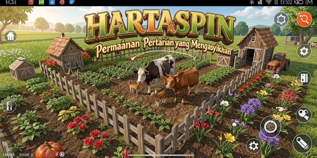 Tampilan gameplay HARTASPIN yang menonjolkan aktivitas bertani.