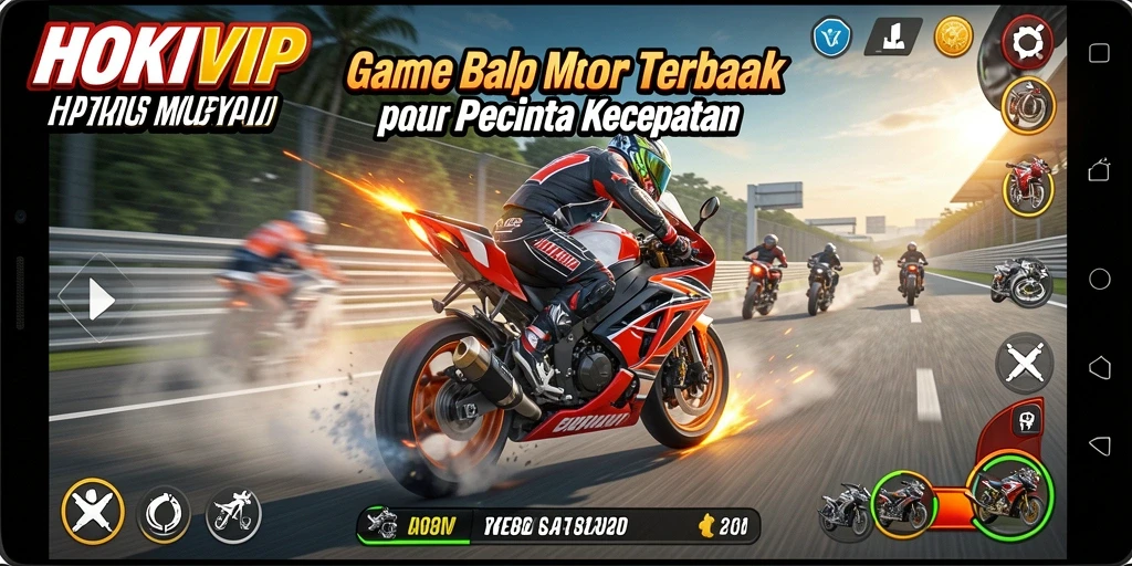 Tampilan gameplay HOKIVIP dengan balapan motor yang seru di berbagai trek.
