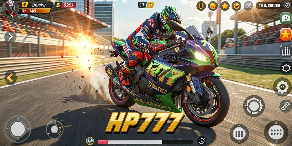 Screenshot gameplay HP777 menampilkan aksi balap motor yang seru.
