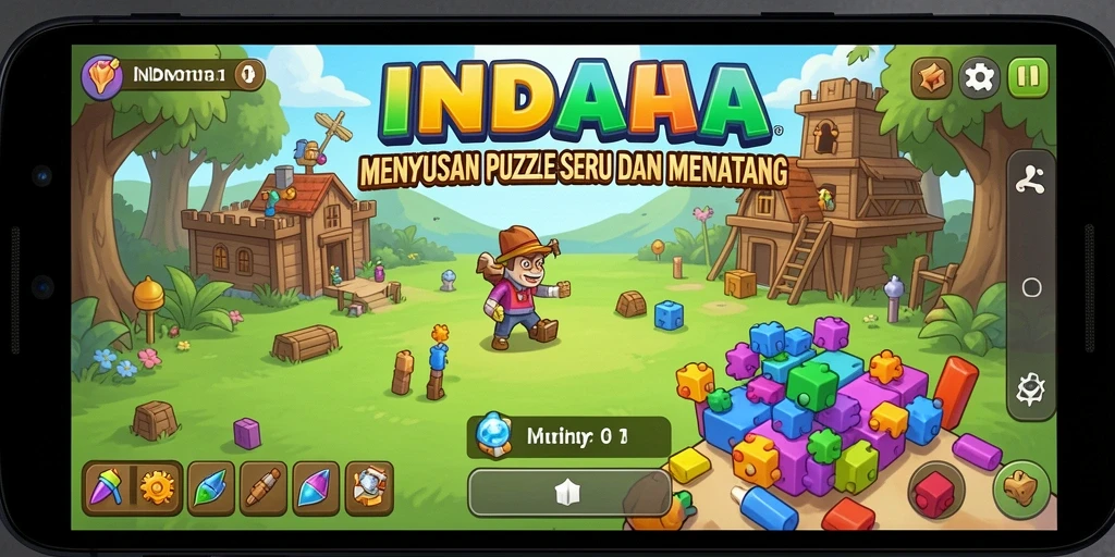 Screenshot gameplay INDAAA menampilkan potongan puzzle yang penuh warna.