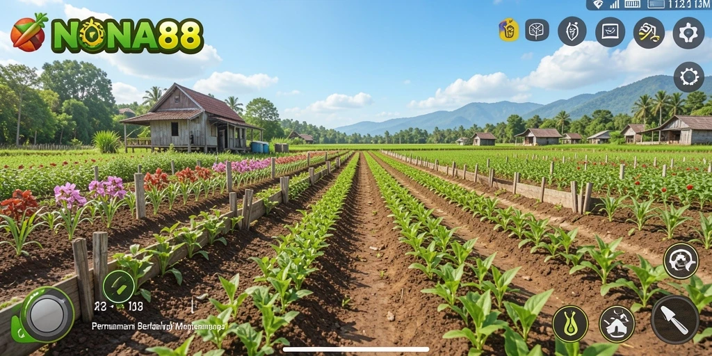 Screenshot gameplay menampilkan pertanian yang indah di NONA88.