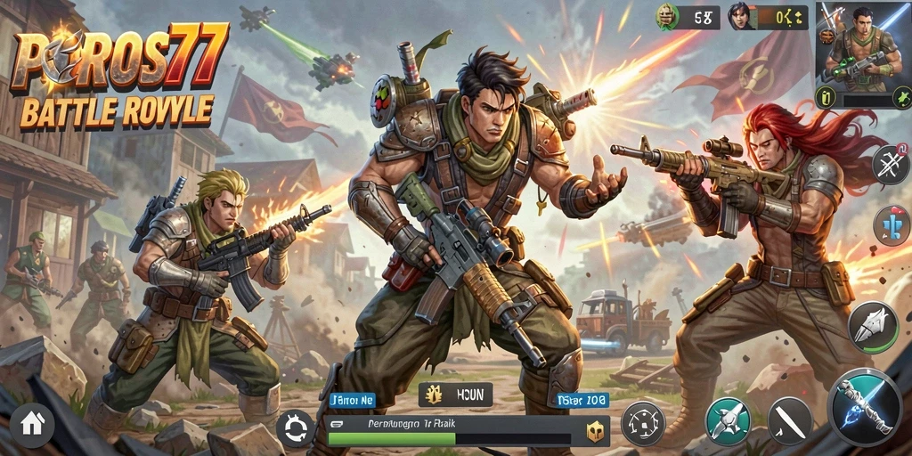 Tampilan gameplay POROS77 yang mendebarkan dalam arena Battle Royale.