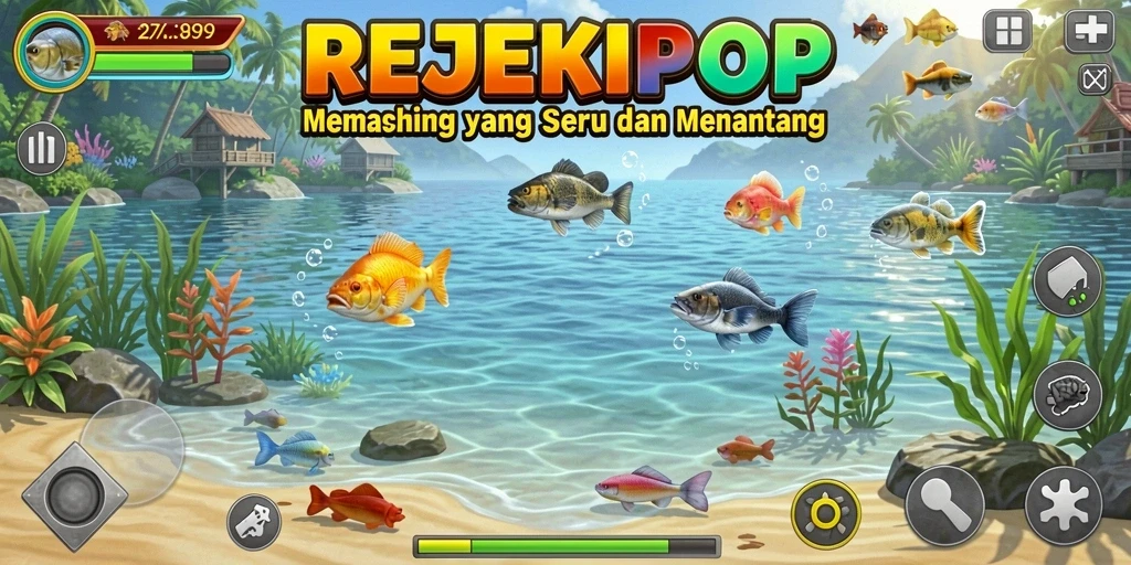 Tampilan gameplay menarik dalam REJEKIPOP yang menampilkan aksi memancing.