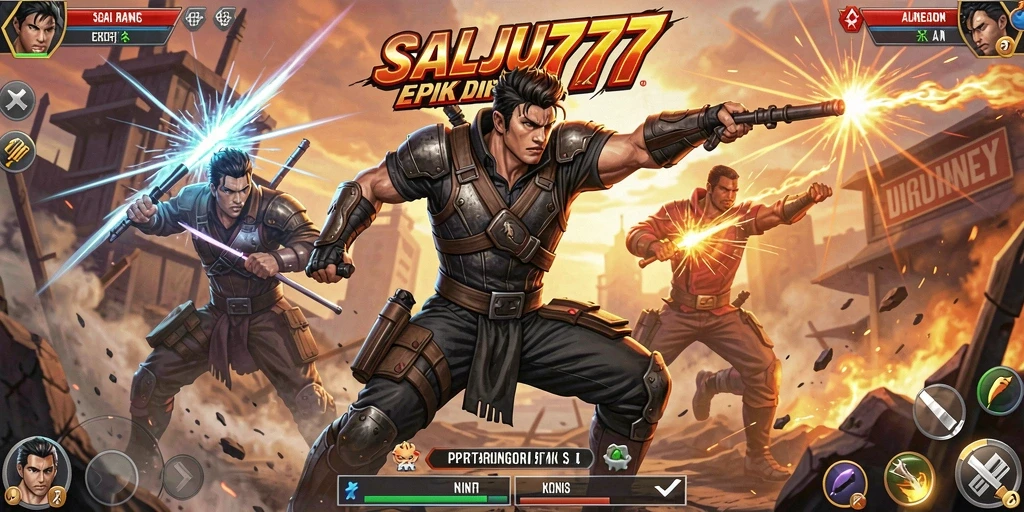 Tampilan layar pertarungan intens dalam SALJU777 dengan karakter-karakter kuat.