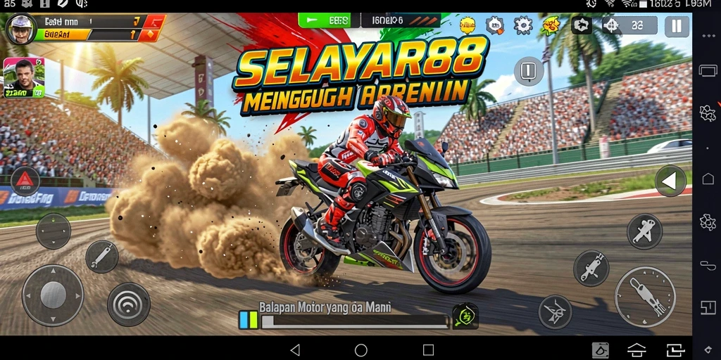 Tampilan gameplay SELAYAR88 dengan motor yang melaju kencang di lintasan balap.