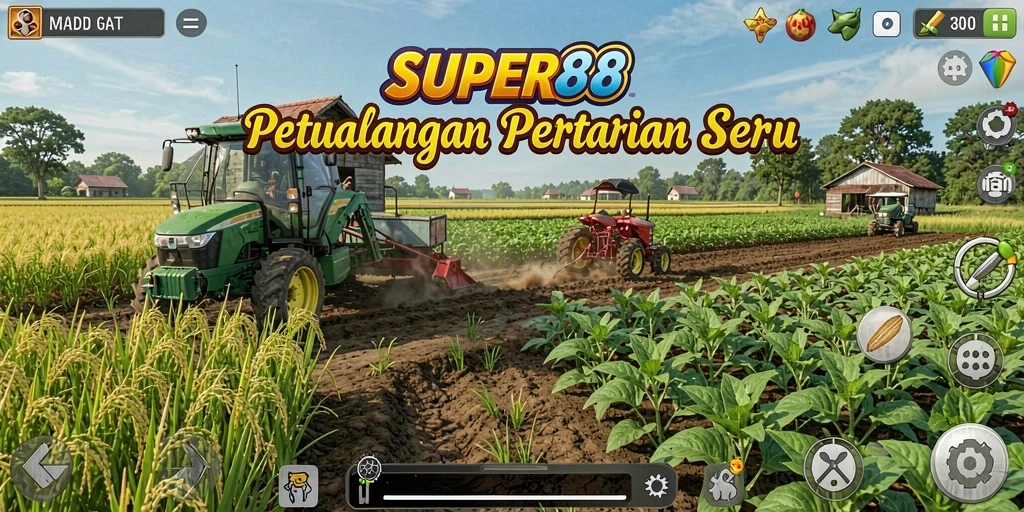 Screenshot utama dari <strong>SUPER88</strong> menunjukkan aktivitas seru bertani di ladang.