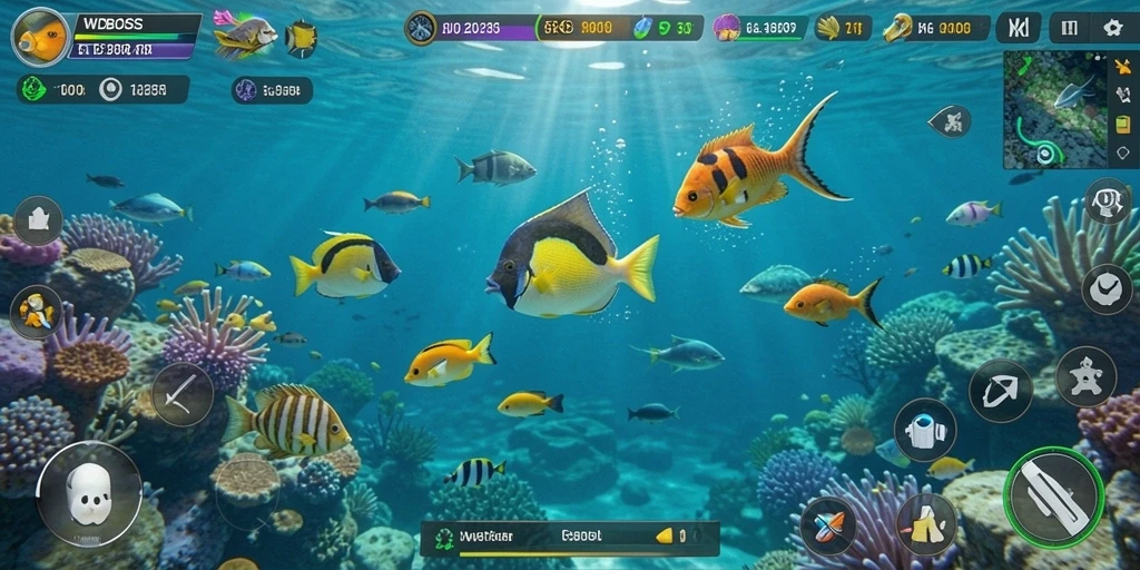 Screenshot gameplay WDBOS dengan aksi menembak ikan.